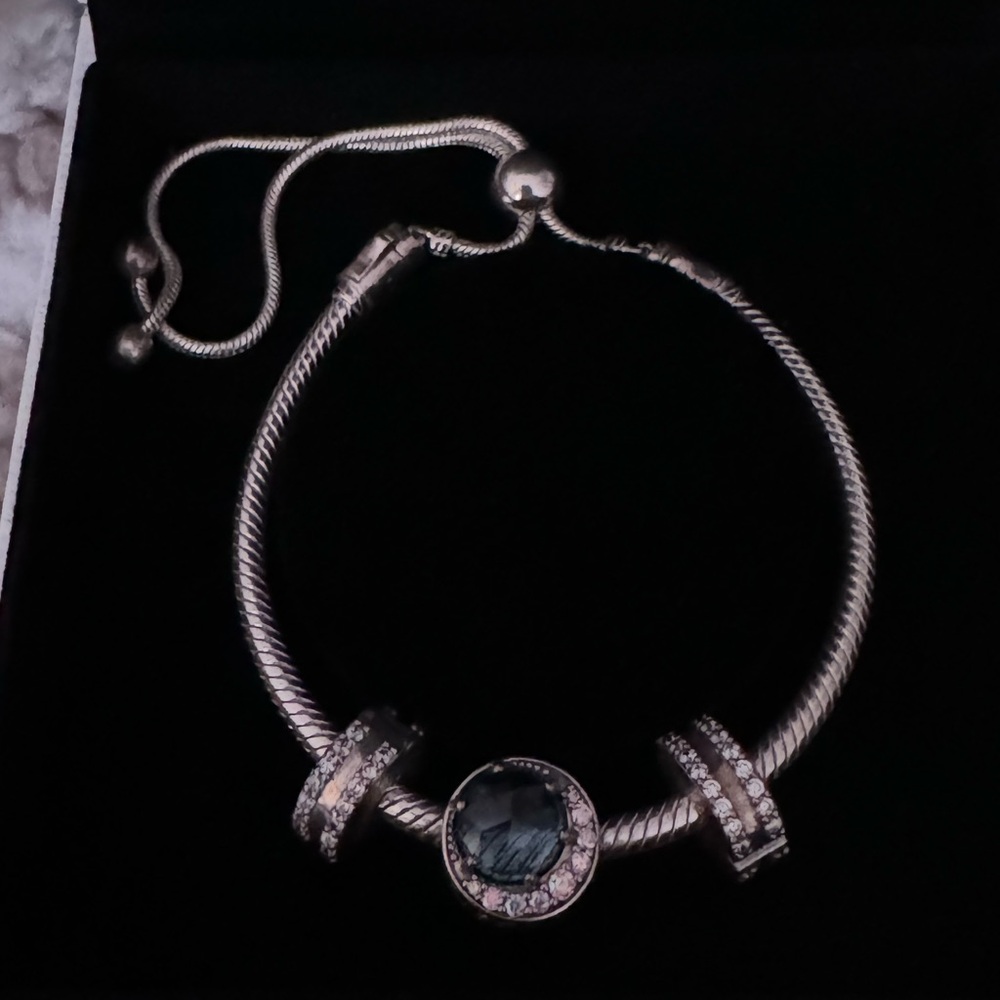 Pandora slider bracelet+2 Double Lined Pavé Clip Charms+ 1 moon night sky charm - Picture 3 of 3